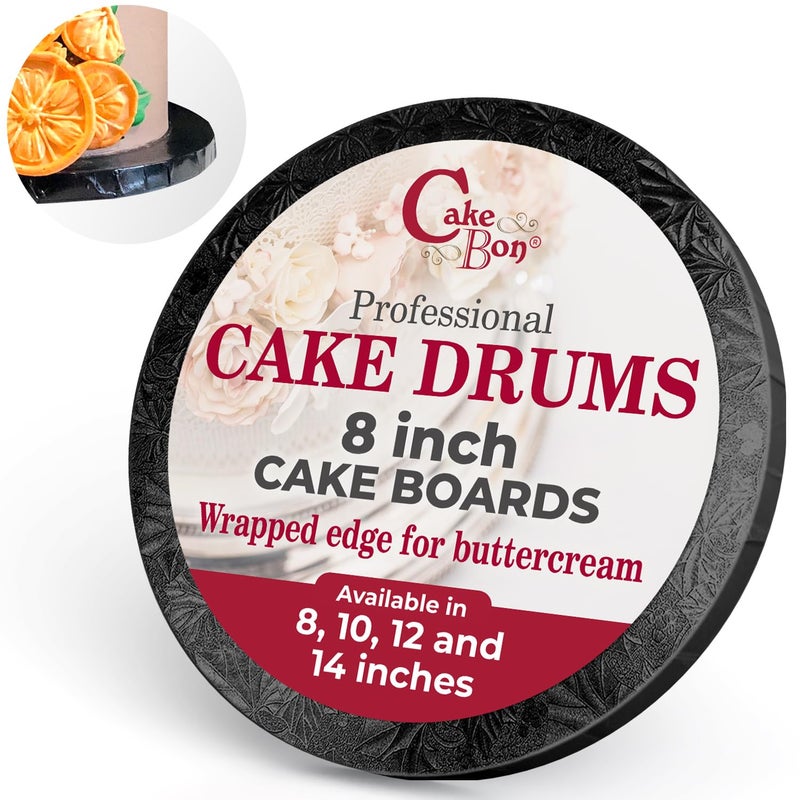 Cakebon Round Cake Boards - Sturdy 1/2 Thick Drums - 8 Inch Professional Fully Wrapped Edges Black 1-Pack - Image 1